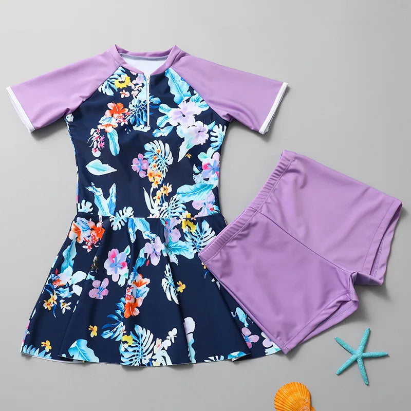 Two Pieces Children Swimsuit for Girls Sport Swim Dress Tankini Skirt Set with Boyshort Cute Summer Beach Bathing Suit Bikini