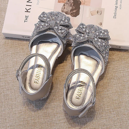 Kid's Sandals high Heels Pumps Rhinestone Bow Silver Party Breathable Shoes For Girl PU Leather Footwear for Kids Size 26-36