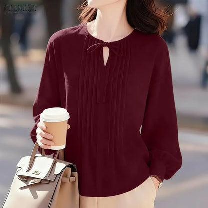ZANZEA Woman Pintuck Details White Blouses Elegant Lace-Up V-Neck Long Sleeve Top Spring Summer Casual Loose Blusas de Mujer 3XL