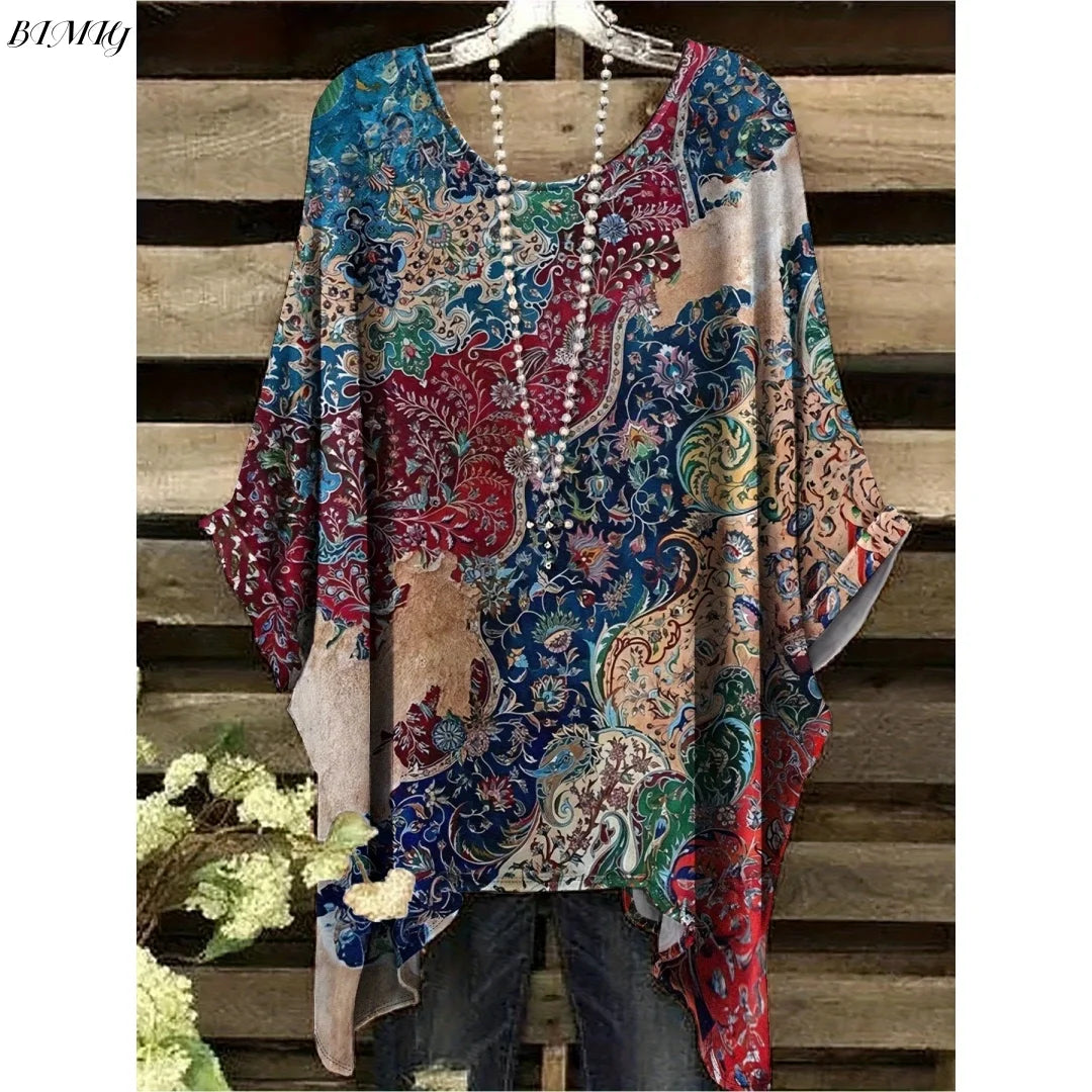 Bohemian Floral Tunic Plus Size Women's Bohemian Floral Print Tunic T-Shirt Short Sleeve Round Neck Casual Top Vibrant 2025