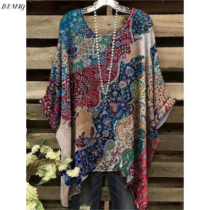 Bohemian Floral Tunic Plus Size Women's Bohemian Floral Print Tunic T-Shirt Short Sleeve Round Neck Casual Top Vibrant 2025