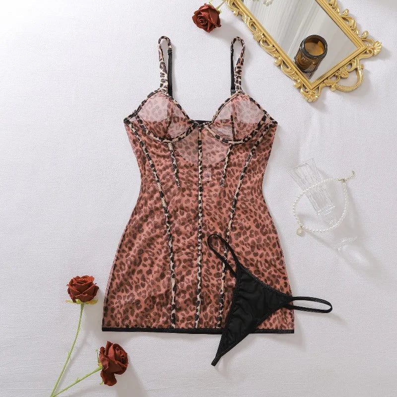Toucheart Erotic Nightgown See-through Hot Girl Mesh Leopard Print Body-shaping Sexy Nightgown Suspender Cute Dress with Thong