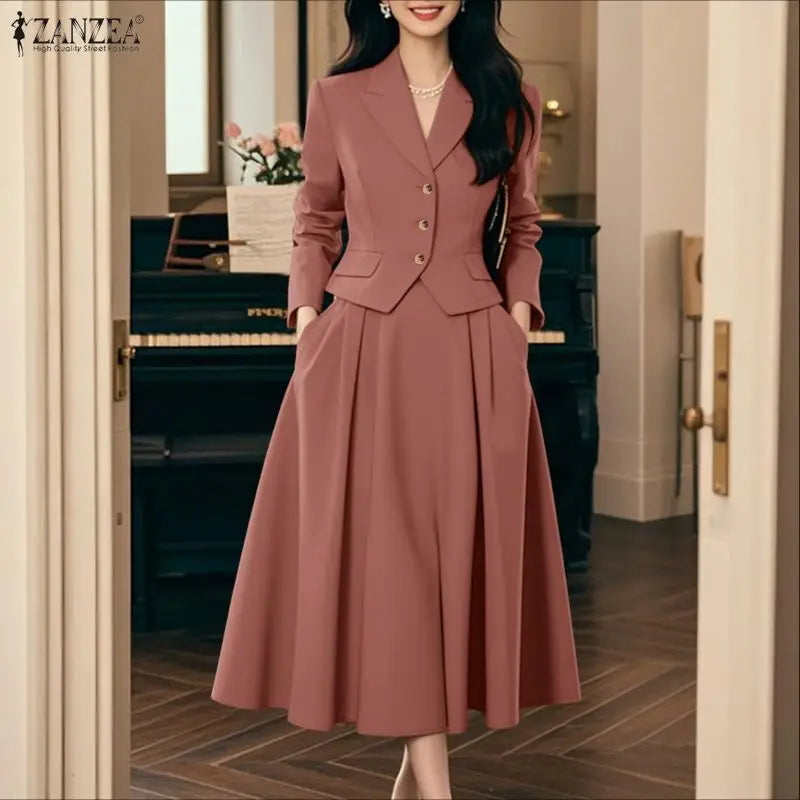 ZANZEA Elegant Women 2-Piece Skirt Suits Peak Lapel Long Sleeve Short Blazer & A-Line Midi Skirt 2pcs Sets 2026 Autumn Outfits