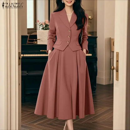 ZANZEA Elegant Women 2-Piece Skirt Suits Peak Lapel Long Sleeve Short Blazer & A-Line Midi Skirt 2pcs Sets 2026 Autumn Outfits