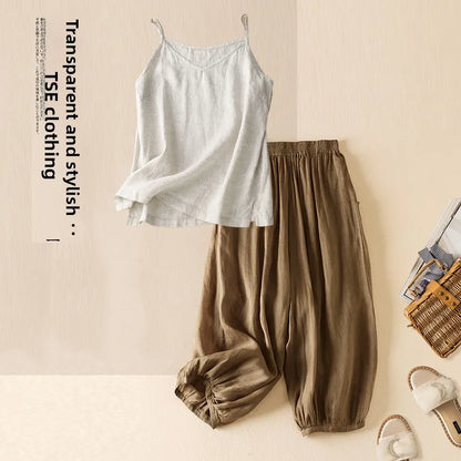 Summer Casual Cotton Linen Double Layer Lantern Pants Loose Elastic Waist Pure Color Wide Leg Harem Trousers for plus Size Women