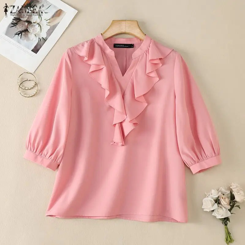ZANZEA Women Ruffles Blouses Summer 3/4 Sleeve Tops Solid Color Fashion Tee V Neck Blusas Streetwear OL Work Tunic Female