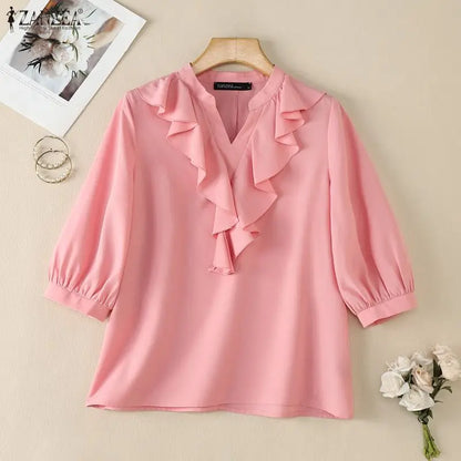 ZANZEA Women Ruffles Blouses Summer 3/4 Sleeve Tops Solid Color Fashion Tee V Neck Blusas Streetwear OL Work Tunic Female