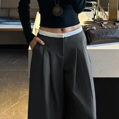 Gray Wide-leg Pants Women White High Waist Splicing Loose Thin Casual Suit Pant Full Length Lady's Solid Autumn Women's Trousers