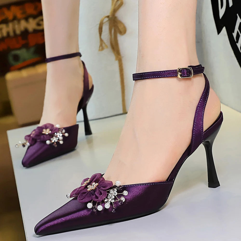 Large Size 43 Women Pumps Flower Rhinestone Design High Heels Hollow Satin Silk High-heeled Sandals Women Summer Shoes Stiletto