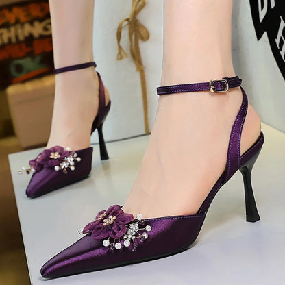 Large Size 43 Women Pumps Flower Rhinestone Design High Heels Hollow Satin Silk High-heeled Sandals Women Summer Shoes Stiletto