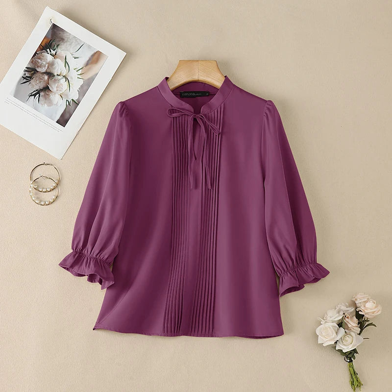 ZANZEA Women's Elegant 3/4 Puff Sleeve Blouses Summer Lace-Up Stand Collar Pintuck Tops Daily Casual Solid Color Blusas de Mujer