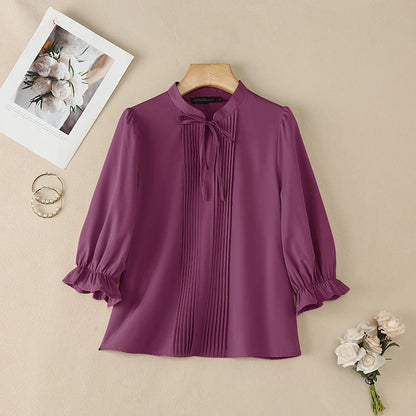 ZANZEA Women's Elegant 3/4 Puff Sleeve Blouses Summer Lace-Up Stand Collar Pintuck Tops Daily Casual Solid Color Blusas de Mujer