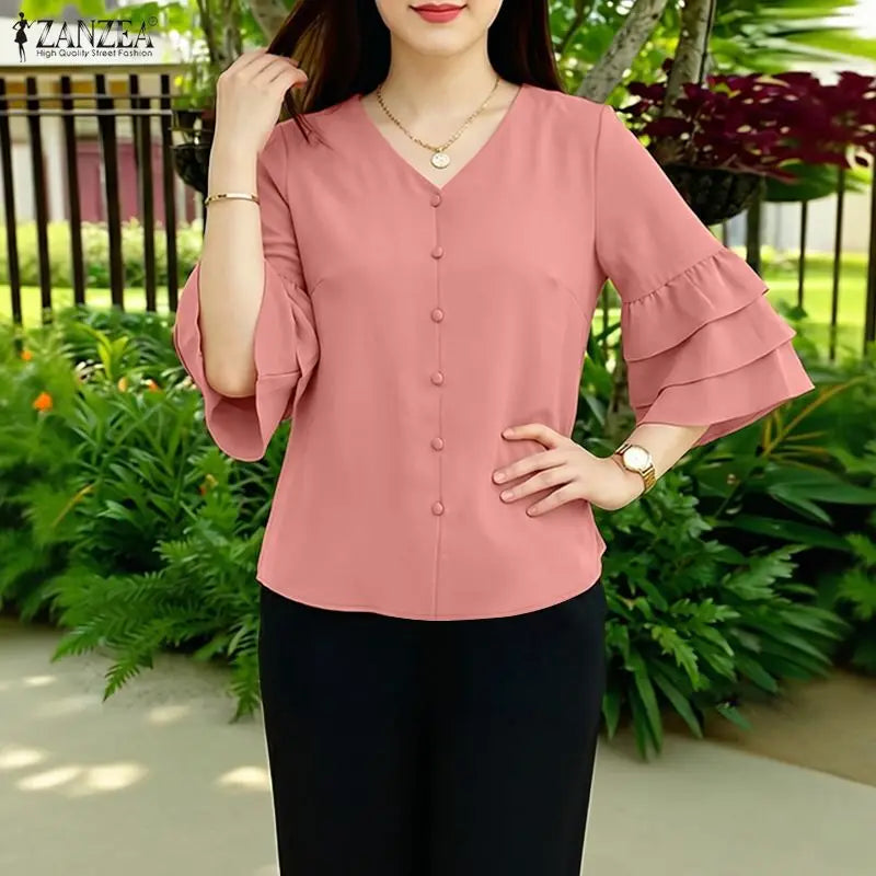 ZANZEA Woman Casual Blouses Elegant V-Neck 3/4 Layered Ruffle Sleeves Solid Color Tops 2026 Summer Everyday Wear Work Blusas