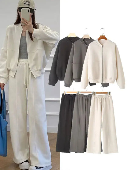 HH Women's 2-piece Retro Solid Color Zipper Bomber Jacket Sweatshirt + High-waisted Lace-up Women's Loose Velvet Pants Suit