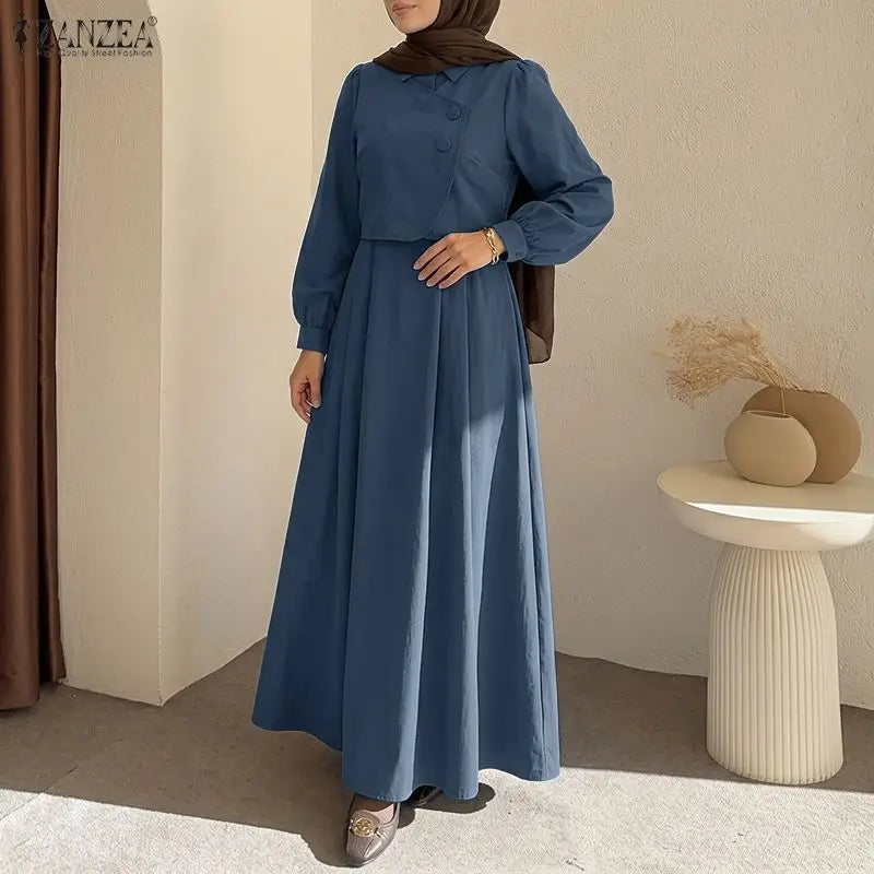 ZANZEA Fashion Muslim Abaya Dresses Ramadan Robe Women Elegant Long Sleeve Pleated Sundress Dubai Casual Kaftan Fake 2 Pieces