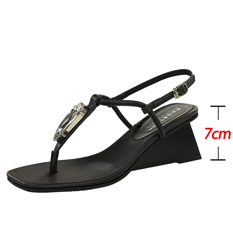 BIGTREE Shoes Women Sandals Rhinestone Design Flip-flops Wedge Heels Women Shoes Square Head Lady Shoes Wedgies Buckle Sandals