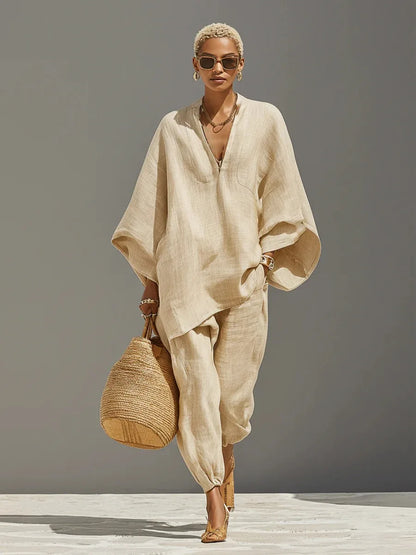 European and American Relaxation Solid Color V-neck Bat Sleeve Loose Top + Bow Leg Casual Pants Holiday Style Elegant Suit