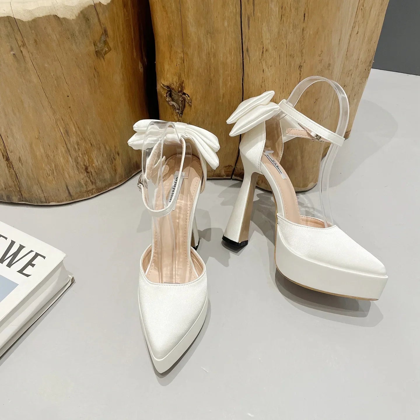 High Heels Women 2023 Summer New Fashion Satin Face High Heel Sandals Bow One Word Buckle Pointed Toe Thick Heel Women's Shoes