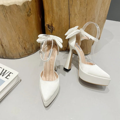 High Heels Women 2023 Summer New Fashion Satin Face High Heel Sandals Bow One Word Buckle Pointed Toe Thick Heel Women's Shoes