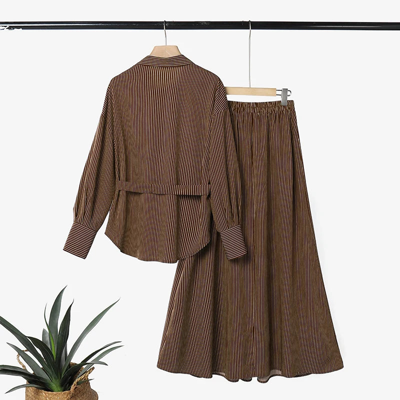 Women Muslim 2 Pieces Sets ZANZEA Ramadan Outfits Fashion Lapel Long Sleeve Shirt Dress Sets Elegant Striped OL Work Skirt Suit
