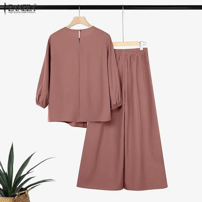 ZANZEA 2026 Summer Women Long Sleeve Irregular Blouse Wide Leg Pant Sets Muslim 2 Piece Sets Solid Color Work Outfits Tracksuit