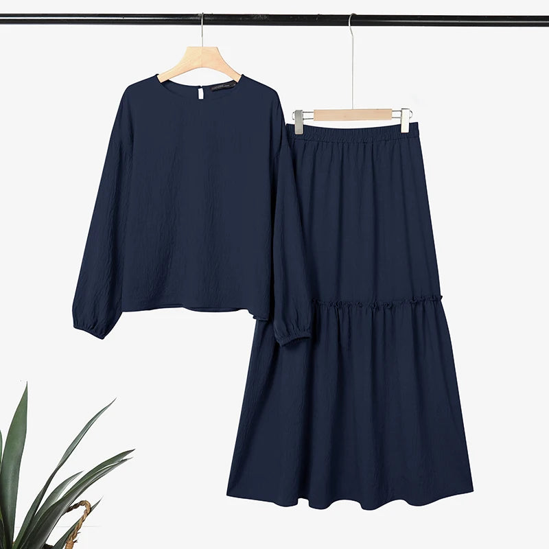 2026 ZANZEA Fashion Women Long Sleeve Tops Dress Suit Muslim 2 Piece Sets Solid Outfits Dubai Hijab Tracksuit A Line Skirt Sets