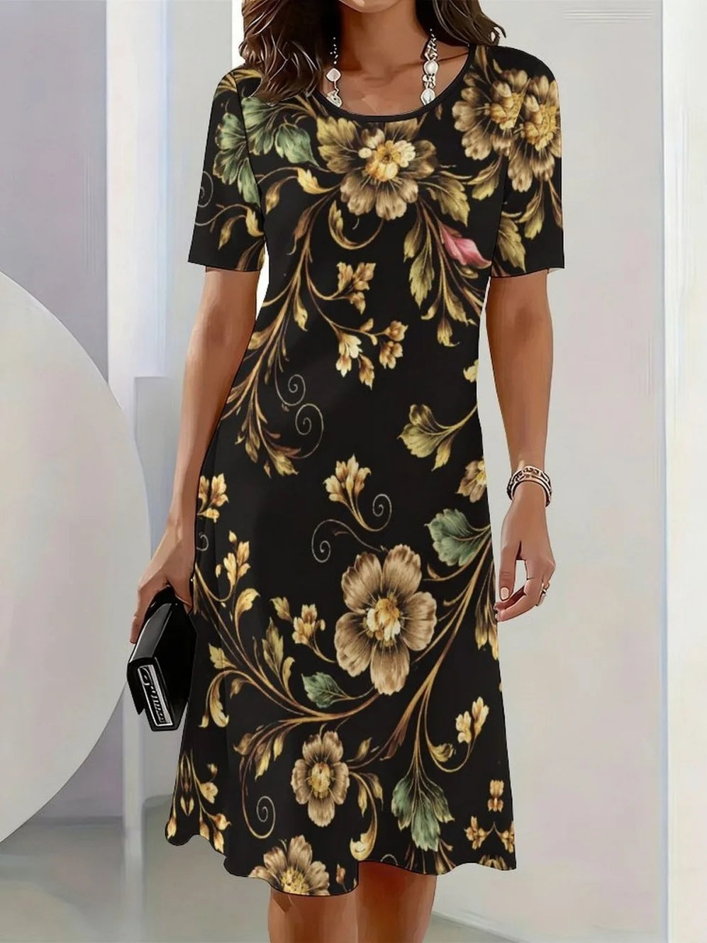 2026 New Elegant Floral Print Dresses for Women Round-Neck Short Sleeve Female Clothing Summer Travel Vacation Clothes for Woman