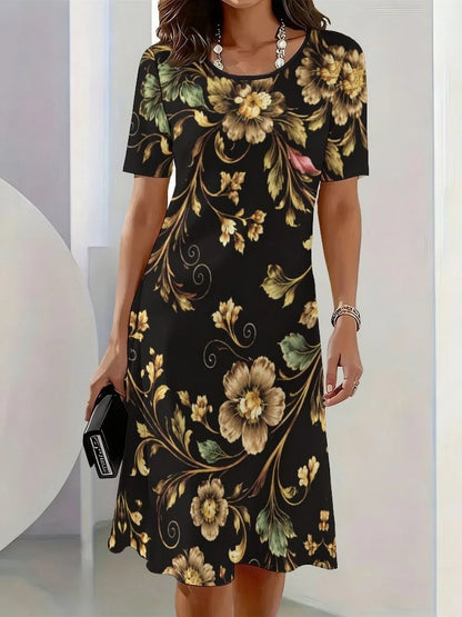 2026 New Elegant Floral Print Dresses for Women Round-Neck Short Sleeve Female Clothing Summer Travel Vacation Clothes for Woman
