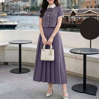 ZANZEA Women Elegant Skirt Sets Short Sleeve Cropped Shirt & A-Line Midi Skirt 2 Pieces Sets Office Commute Skirt Suits Outfits