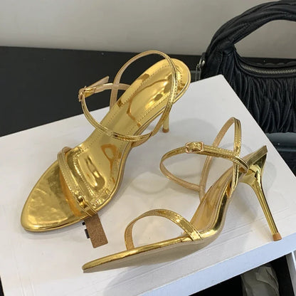 Gold Ankle Strap Gladiator Heeled Sandals Women Summer Sexy Open Toe Thin High Heels Elegant Banquet Wedding Shoes Sandalias