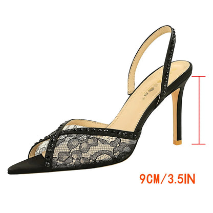 BIGTREE Shoes Lace Net High-heeled Sandals Women Shoes Summer Leopard Print Women Pumps Sexy Party Shoes Stiletto Heels 9 cm