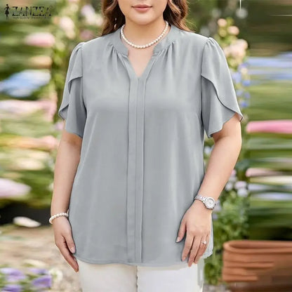 ZANZEA Women Blouse Summer Short Short Sleeve Tunic Top Pleated Elegant OL Casual Work V-Neck Solid Blusas Tunic Streetwear