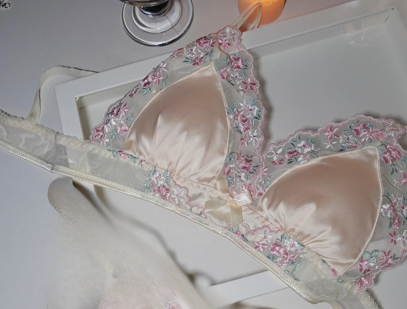 MOYISU Girls French Bra Thin Triangle Cup Purple Embroidery Light Luxury Silk Sexy Pure Desire Lace Underwear Set