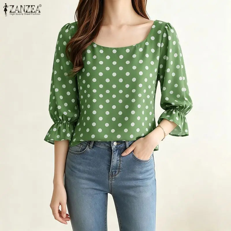 ZANZEA Women's Polka Dot Blouses Elegant Square Neck 3/4 Puff Sleeve Elastic Cuffs Pullover Tops Daily Casual Blusas de Mujer