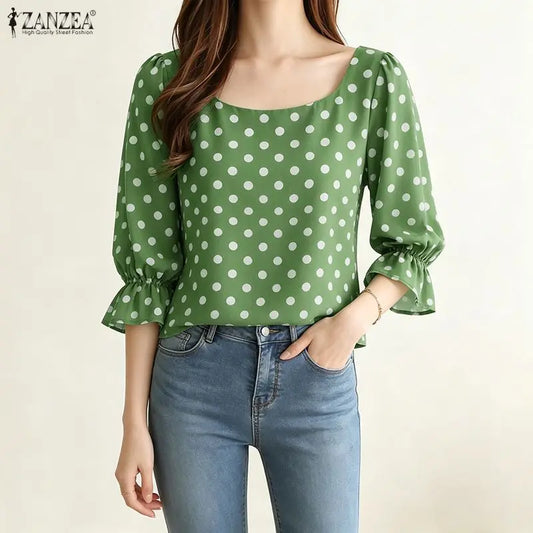 ZANZEA Women's Polka Dot Blouses Elegant Square Neck 3/4 Puff Sleeve Elastic Cuffs Pullover Tops Daily Casual Blusas de Mujer