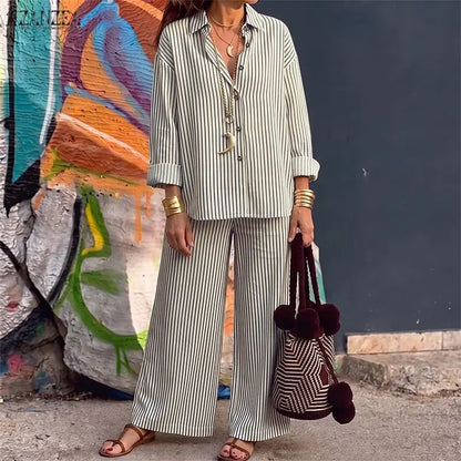 ZNAZEA Fashion Autumn Lapel Neck Long Sleeve Shirt Tops Loose Wide Leg Pant Sets Women Outfits Casual OL Work Tracksuit 2 Pieces