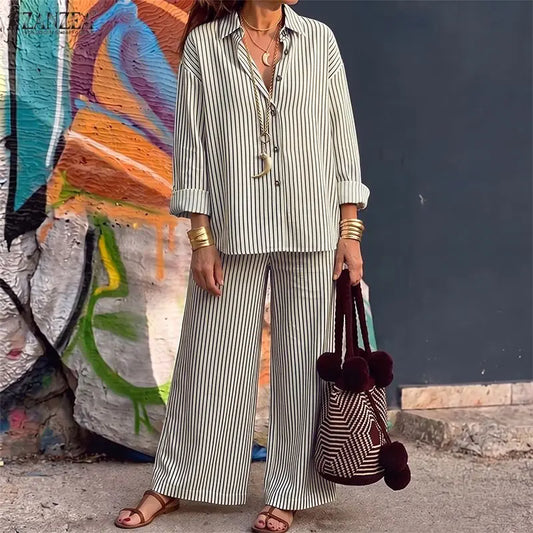 ZNAZEA Fashion Autumn Lapel Neck Long Sleeve Shirt Tops Loose Wide Leg Pant Sets Women Outfits Casual OL Work Tracksuit 2 Pieces