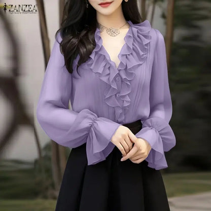ZANZEA Elegant Ruffles Trim Women's Shirts Classy V-Neck Flared Sleeves Pintuck Detailed Button Up Purple Blouses Woman Clothes