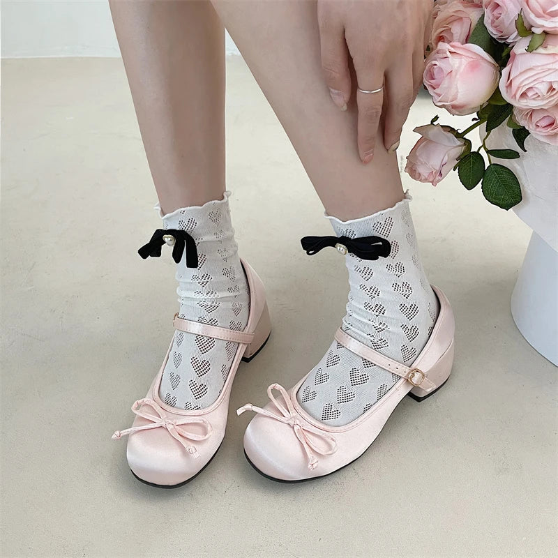 New Thick Heel Shoe Elegant Bow Lolita Shoes College Girls High Heels Pumps Fashion Women Sandals Dancing Shoes Mary Janes Shoes
