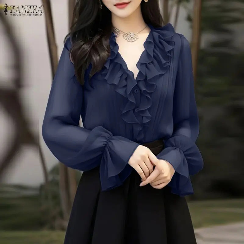 ZANZEA Elegant Ruffles Trim Women's Shirts Classy V-Neck Flared Sleeves Pintuck Detailed Button Up Purple Blouses Woman Clothes
