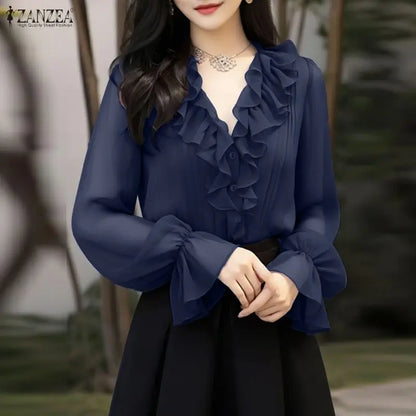 ZANZEA Elegant Ruffles Trim Women's Shirts Classy V-Neck Flared Sleeves Pintuck Detailed Button Up Purple Blouses Woman Clothes