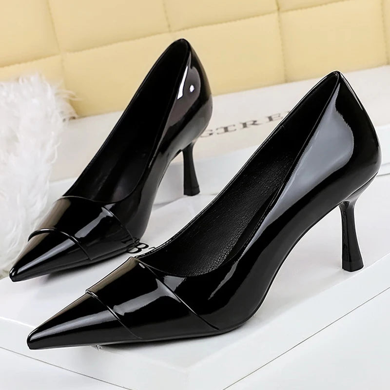 BIGTREE Shoes Patent Leather Women Pumps Fashion High Heels Women Shoes Pointed Tip Ladies Kitten Heels 6.5 Cm Sexy Party Shoes