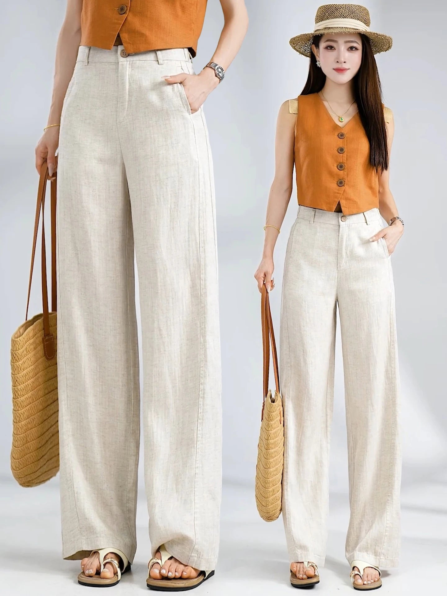 Summer Thin Linen Wide Leg Pants Women Casual Loose Drape Straight Leg  Pants High Waist Comfortable Breathable Cool