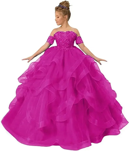 Dress for girls Party Flower Kids Ball Gown Tulle Off Shoulder Children Birthday Wedding Dresses First Communion Gown Clothing