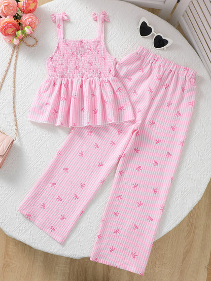 Valentine's Day 2-Piece Set Fashionable Butterfly Knot Strap Vest And Pants Outfit for Casual Daily Wear And Outdoor Vacations