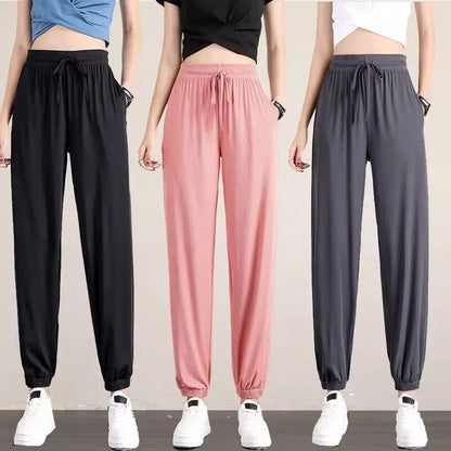 1pcs Summer Womens Ice Silk Pants Female High Elastic Waist Drawstring Pocket Loose Straight Trousers Student Sports Harun Pants