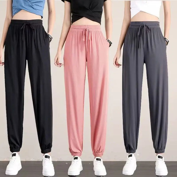 1pcs Summer Womens Ice Silk Pants Female High Elastic Waist Drawstring Pocket Loose Straight Trousers Student Sports Harun Pants