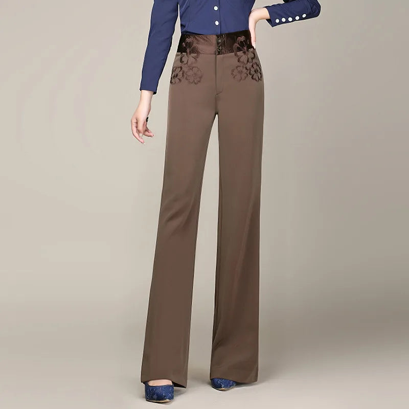 Women's High Waisted Straight Leg Long Pants Middle Aged Office Lady Elegant Embroidered Trousers Oversize 6XL Dropshipping