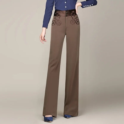 Women's High Waisted Straight Leg Long Pants Middle Aged Office Lady Elegant Embroidered Trousers Oversize 6XL Dropshipping