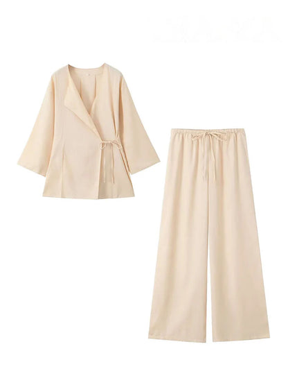 HH 2025 Spring Women Fashion Linen Suits New Solid Cardigan Kimono Top + Versatile Outerwear Female Wide Leg Long Pant